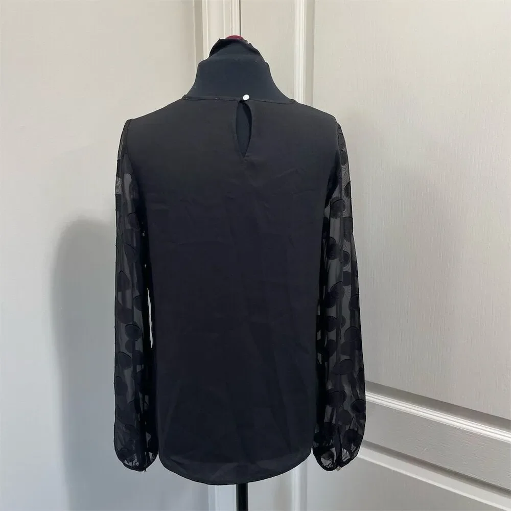 Calvin Klein Women's XSP Black Polka Dot Chiffon Blouse Long Sleeve (sku249)